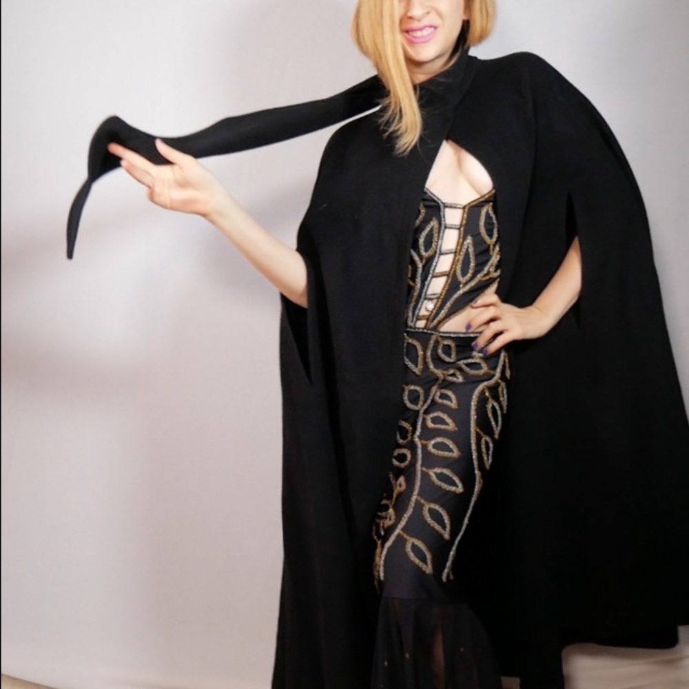 Black Laine Wool Cape With Scarf Circa 1980